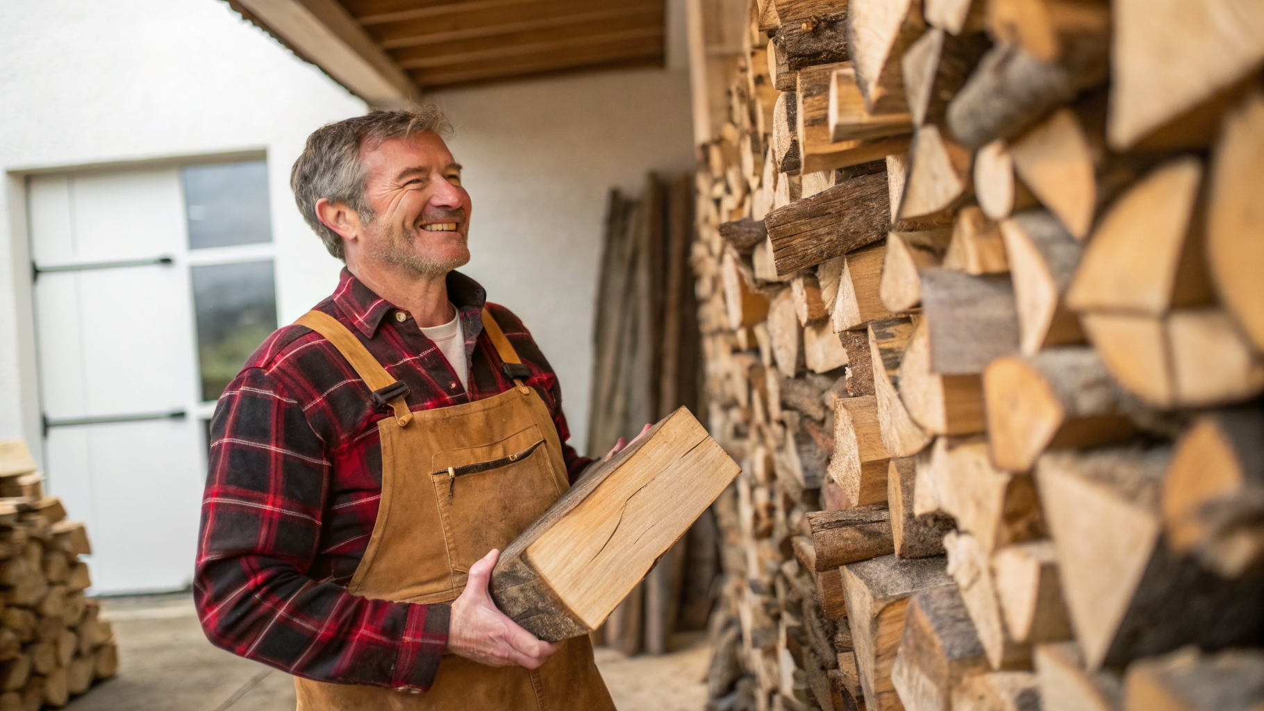 Our firewood expert beside a stacked log store